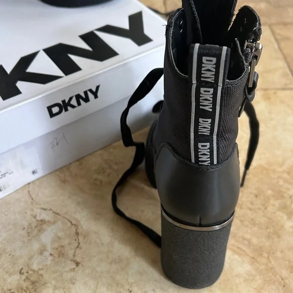 DKNY Black Lace-Up Chunky Heel Ankle Boots - Picture 3 of 5